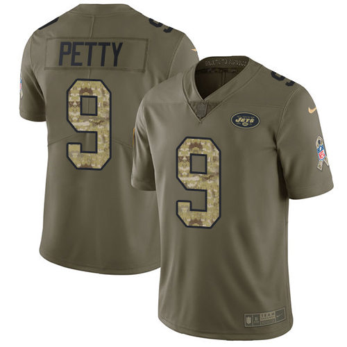 Nike Jets #9 Bryce Petty Olive/Camo Men's Stitched NFL Limited Salute To Service Jersey